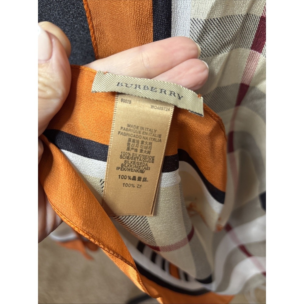 Burberry Silk Scarf Nova Check Knight Print Orange Trim Made in Italy Luxury - Picture 4 of 5